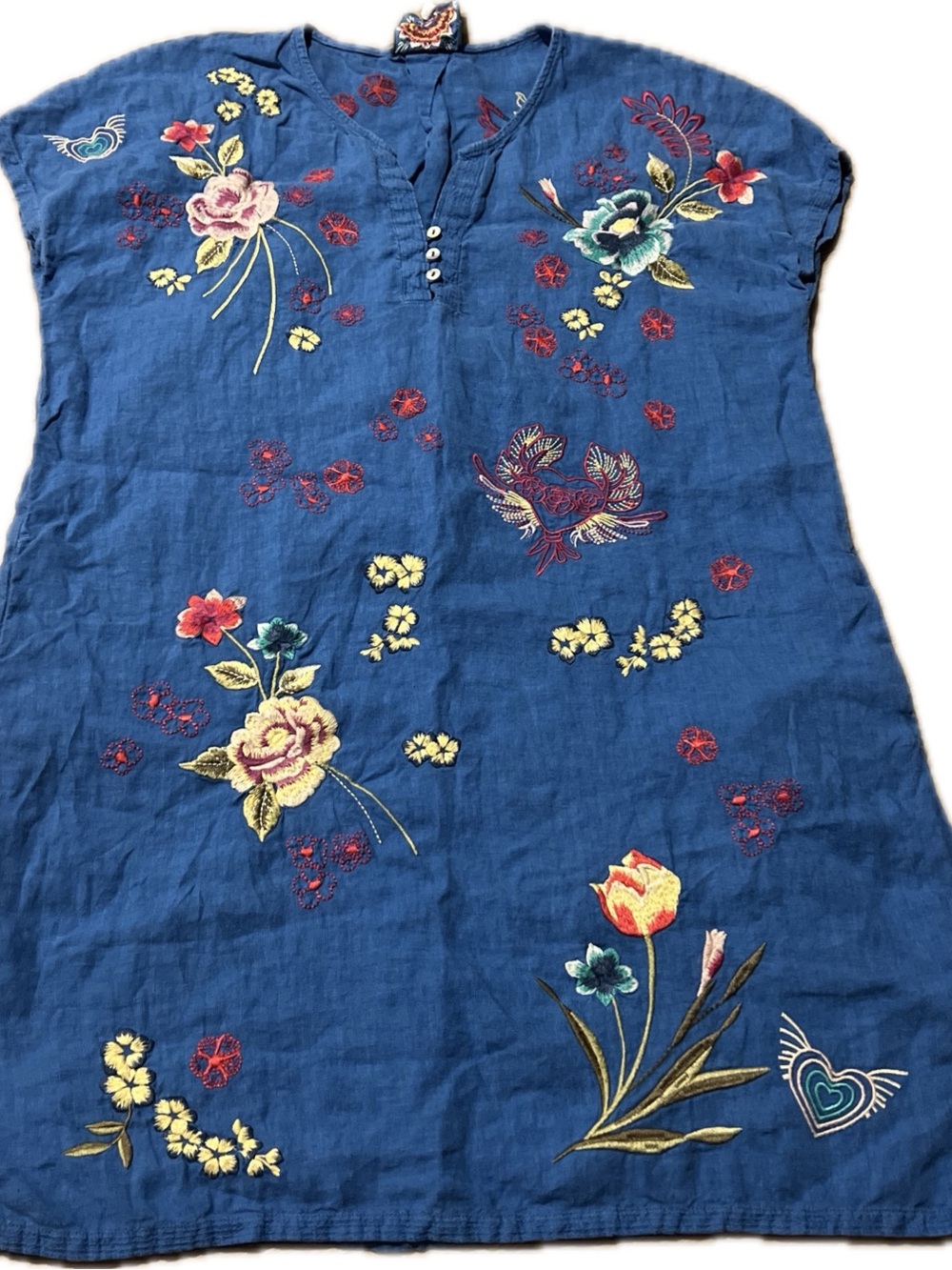 Johnny Was Blue Embroidered Mini Dress with Multi-Color Floral Motifs